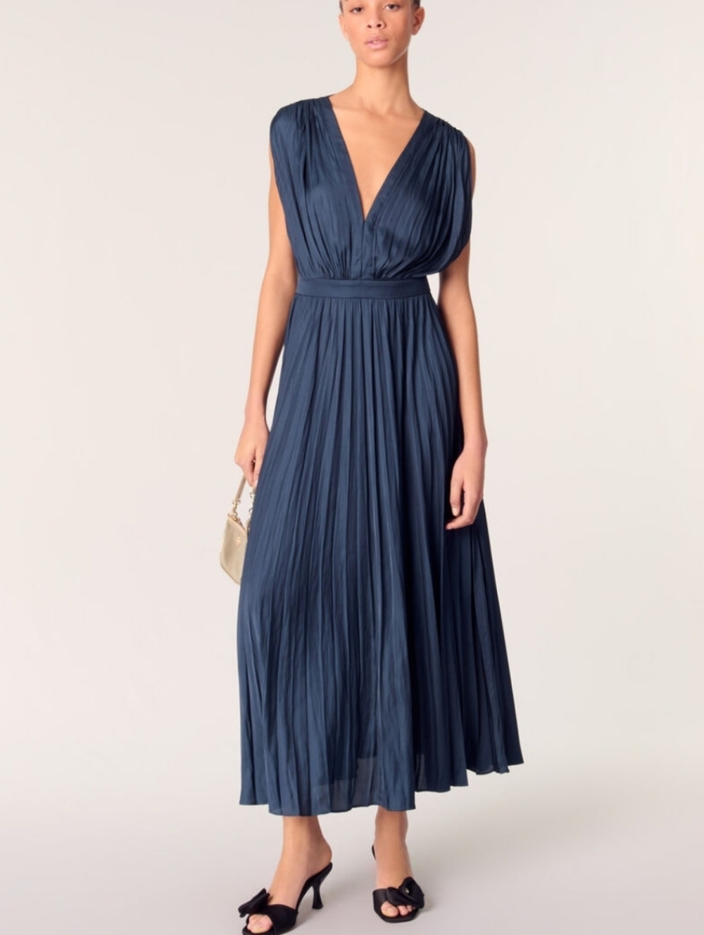 Maje Pleated Dark Blue Satin Maxi Cocktail Party Evening Dress Size 38